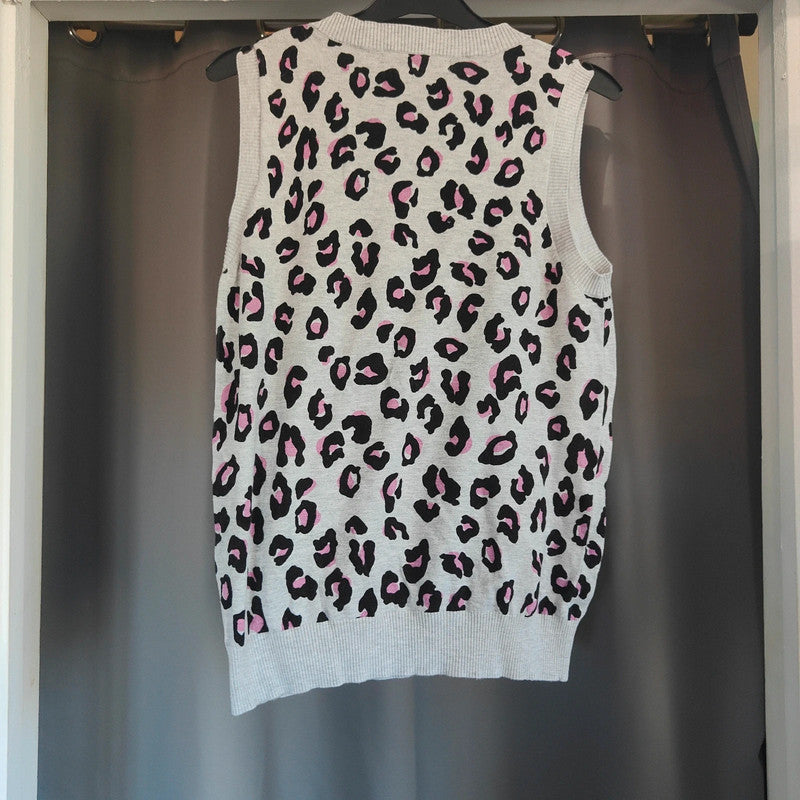 Next Size M Leopard Print Knitted Vest Grey Pink Animal Print Sweater Tank