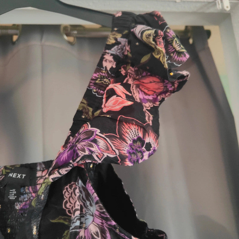 Next Floral Smock Dress UK 12 Black Gold Lurex Ruffle Sleeve Summer Boho