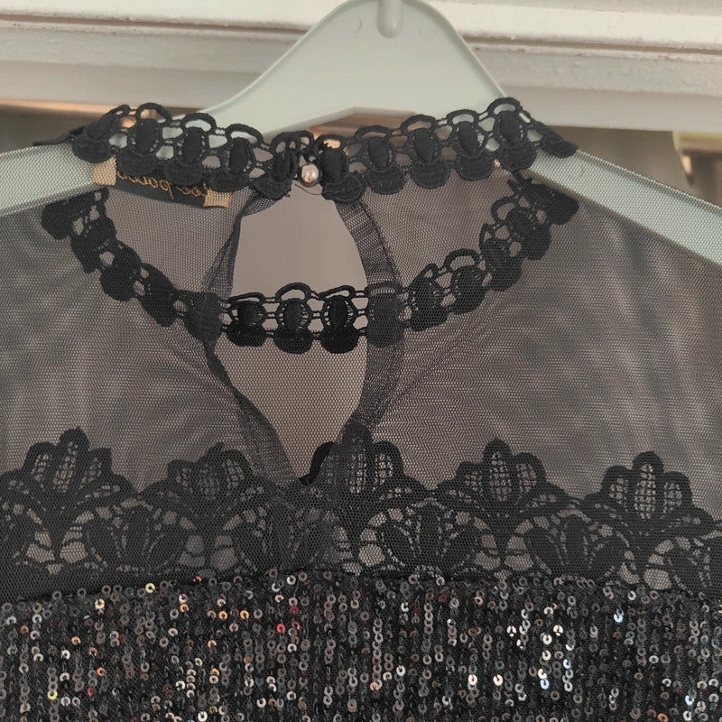 Miss Poiss Black Sequin Lace Mesh Long Sleeve Party Top Size 14 42 Goth Glam