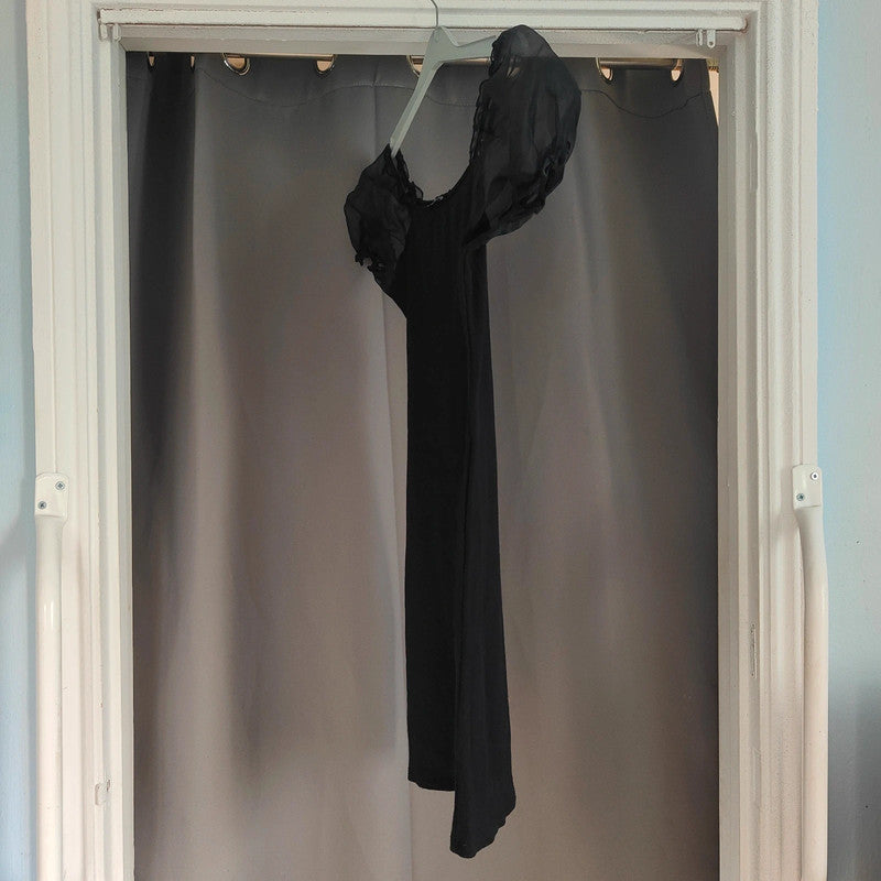 Saw It First Black Ribbed Mini Dress with Organza Puff Sleeves Size M