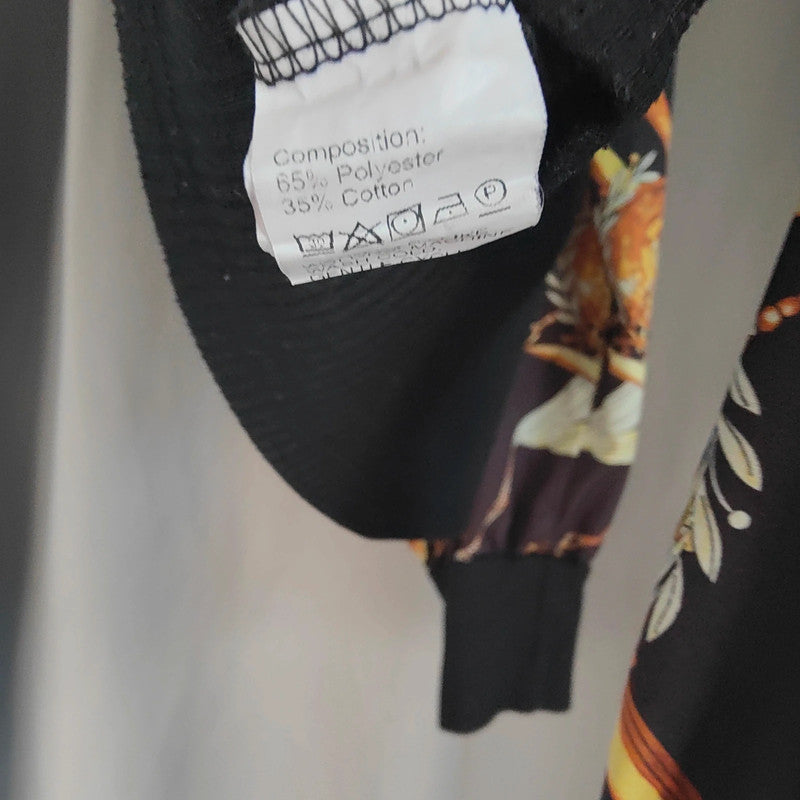 shein xl Black Ribbed Top Gold Chain Scarf Print Puff Sleeve Quiet Luxury