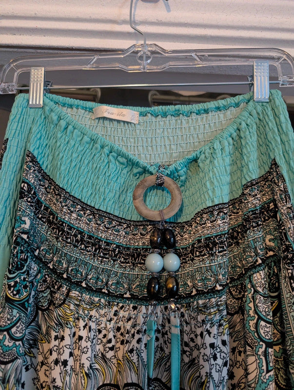 Fra-ita Turquoise Boho Paisley Mandala Beaded Maxi Skirt / Strapless Dress