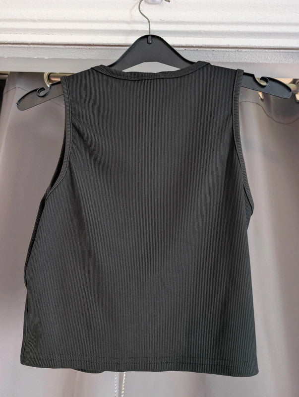 Shein Black Ribbed Diamante Lace Up Crop Top Size S UK 8