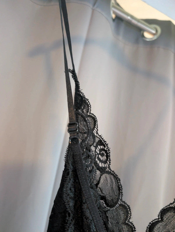 Black Sheer Floral Lace Slip Dress Cami Nightie Ribbon Rhinestone Charm