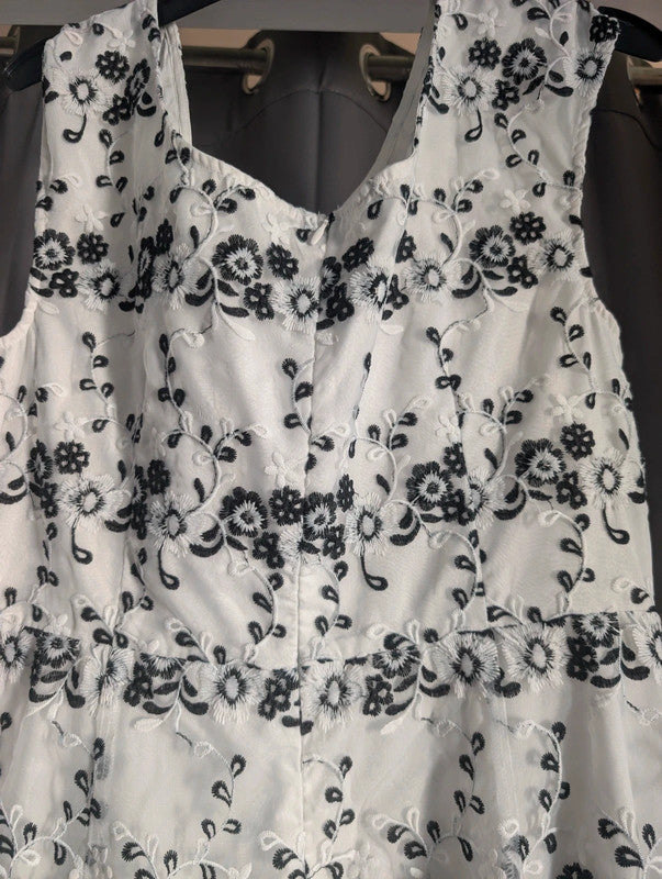 Yumi White Black Floral Embroidered Lace Mesh A-Line Dress UK 14