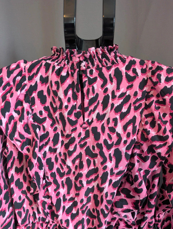 Savida Pink Leopard Print Mini Dress Small UK 10 Ruffle High Neck Long Sleeve