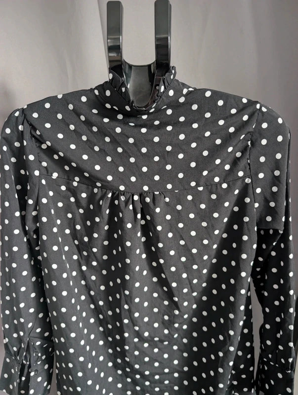 Voyelles Blouse S Black Polka Dot Ruffle High Neck Button Shirt Tunic Top