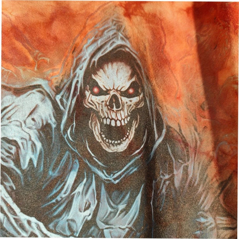 Wild orange and pink tie-dye graphic tee featuring double-sided Grim Reaper print.