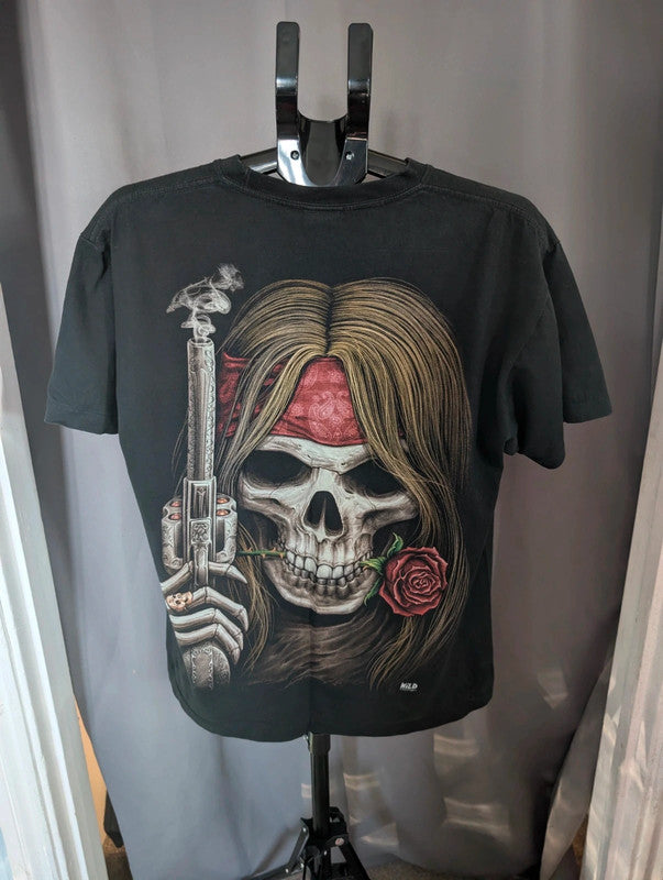 Wild black pocket t-shirt with double-sided skeleton skull and red rose graphic print