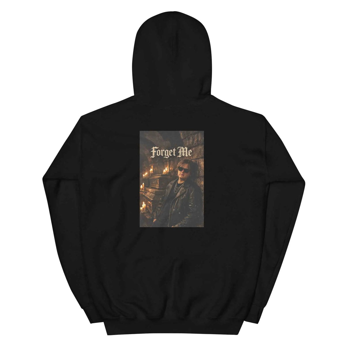 Black fleece hoodie with back “Forget Me” gothic graphic and kangaroo pocket