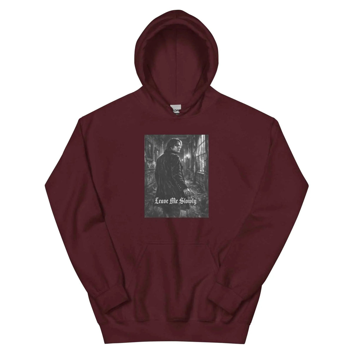 Maroon unisex hoodie with front square graphic and kangaroo pocket, pullover hood.