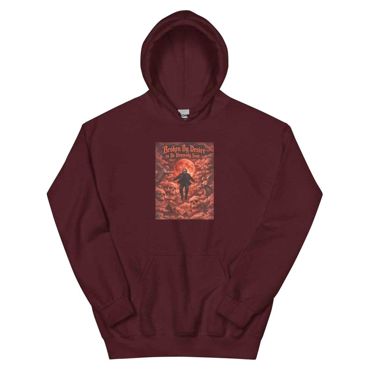 Maroon pullover hoodie with front graphic print and kangaroo pocket
