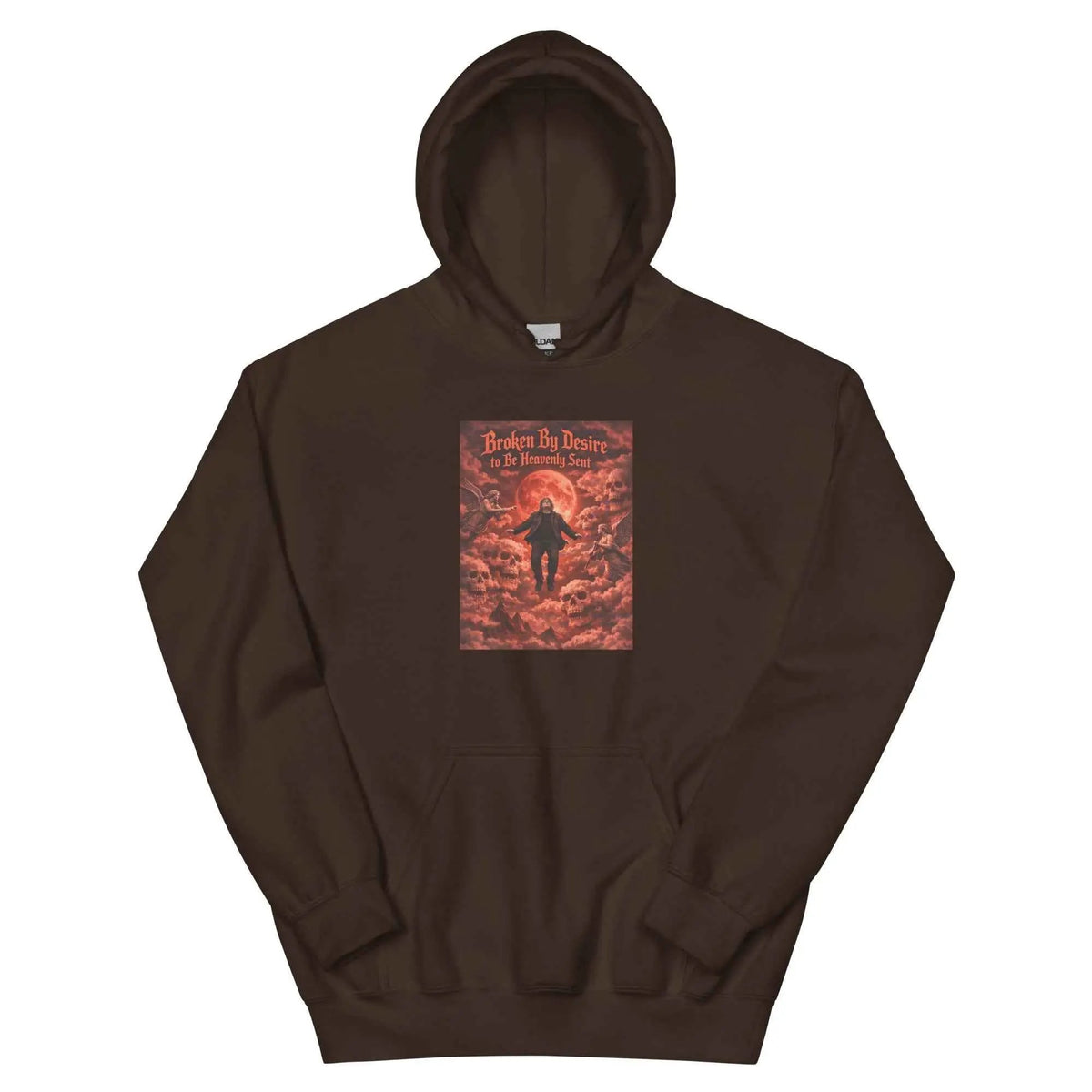 Dark brown pullover hoodie with front graphic print and kangaroo pocket