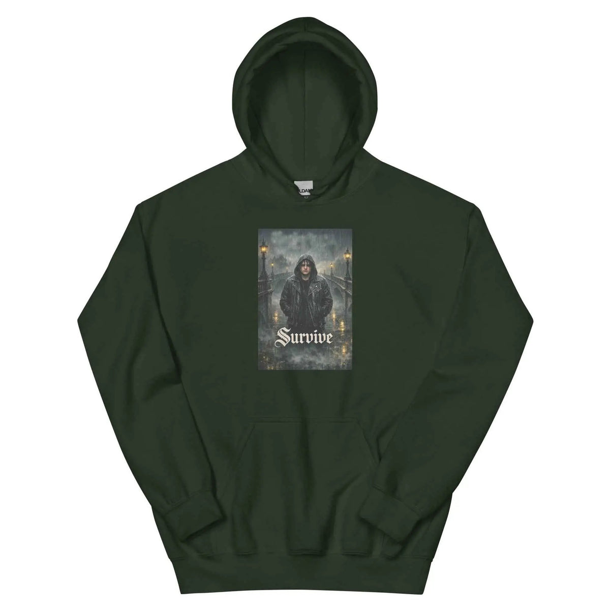 Forest green unisex hooded pullover sweatshirt with front 'Survive' gothic graphic