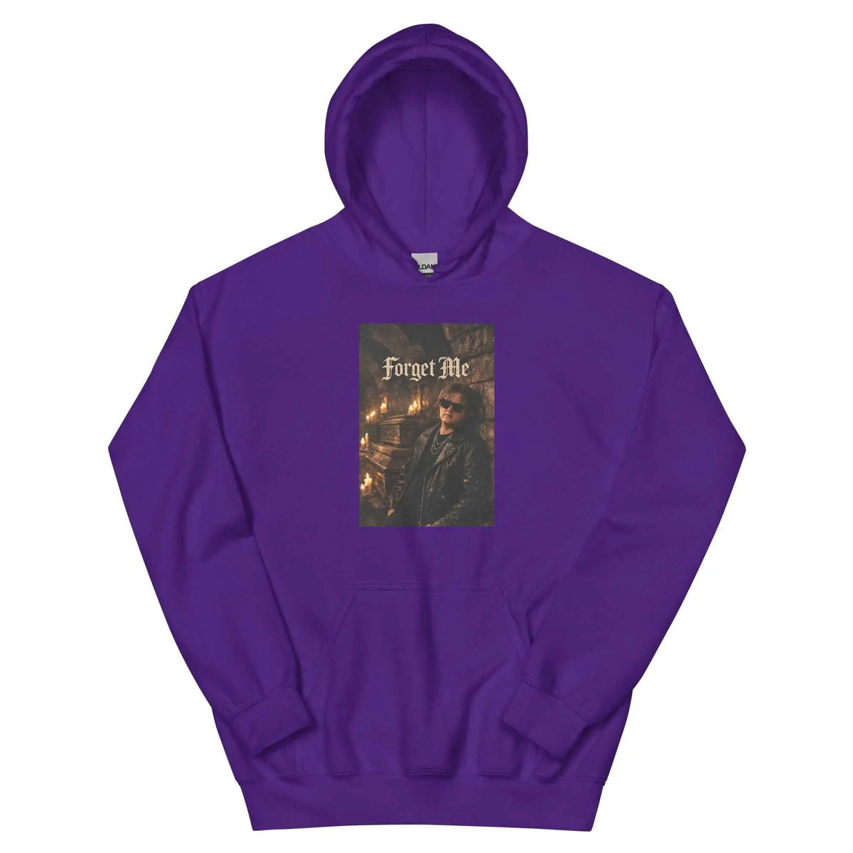 Purple fleece pullover hoodie with front graphic and kangaroo pocket