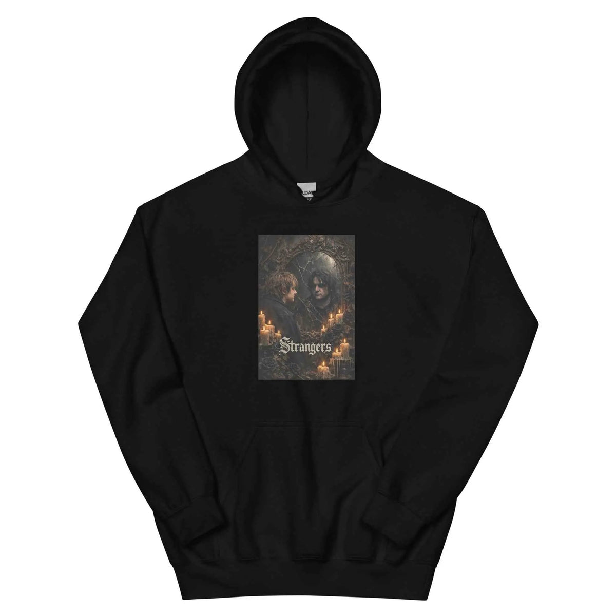Black unisex gothic hoodie with front pocket; square candle portrait graphic