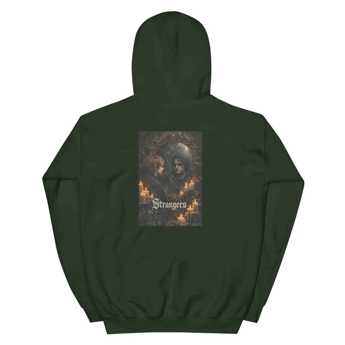 Forest green unisex gothic hoodie, back view; square candle portrait graphic
