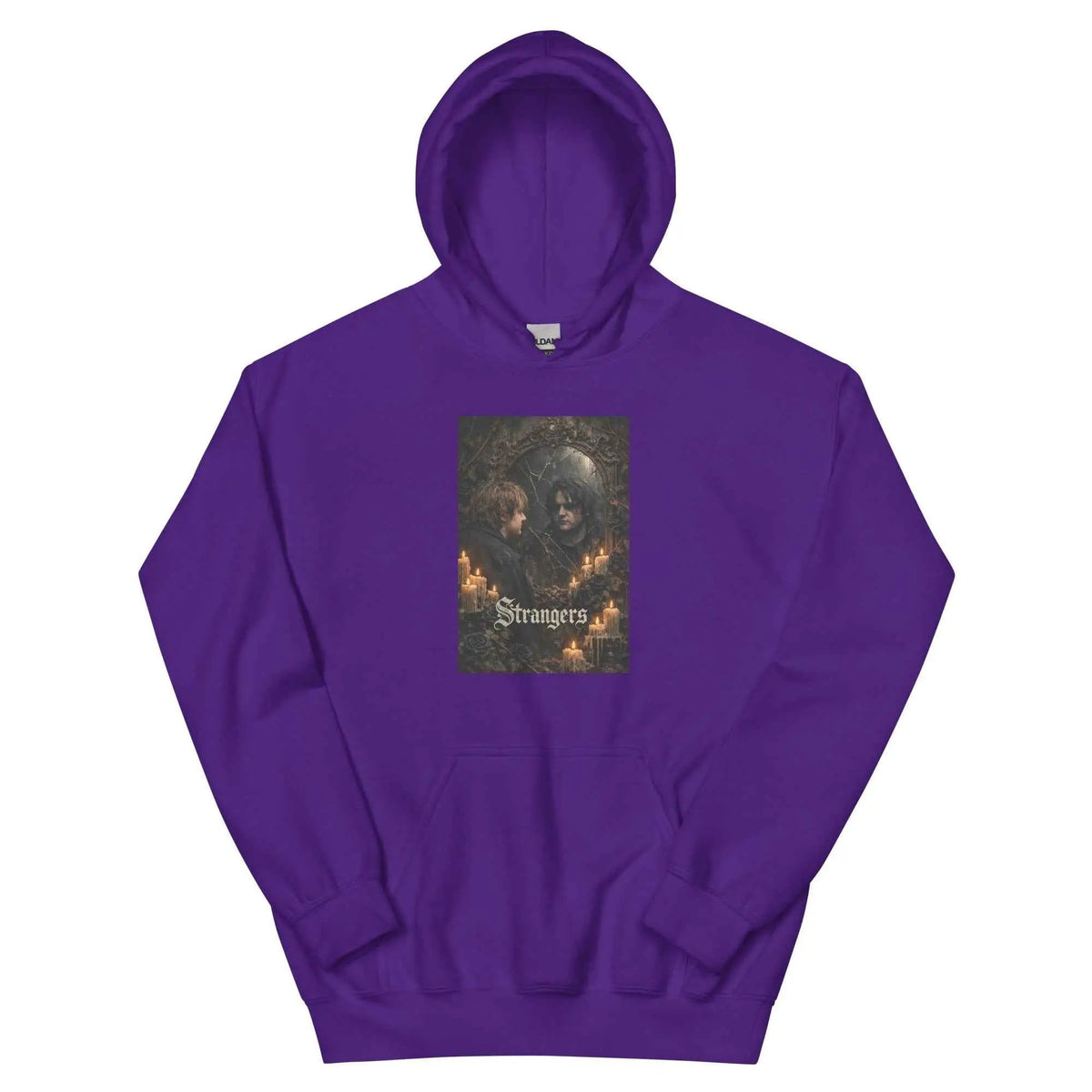 Purple unisex gothic graphic hoodie with front hood and kangaroo pocket
