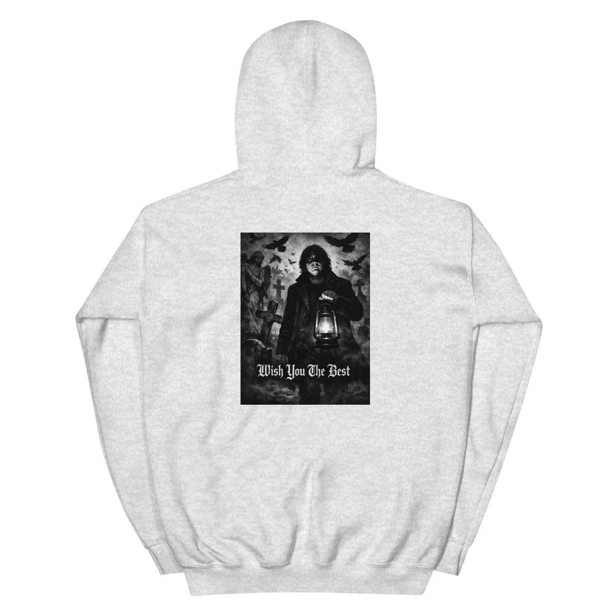 Unisex heather gray pullover hoodie with centered back square graphic and hood