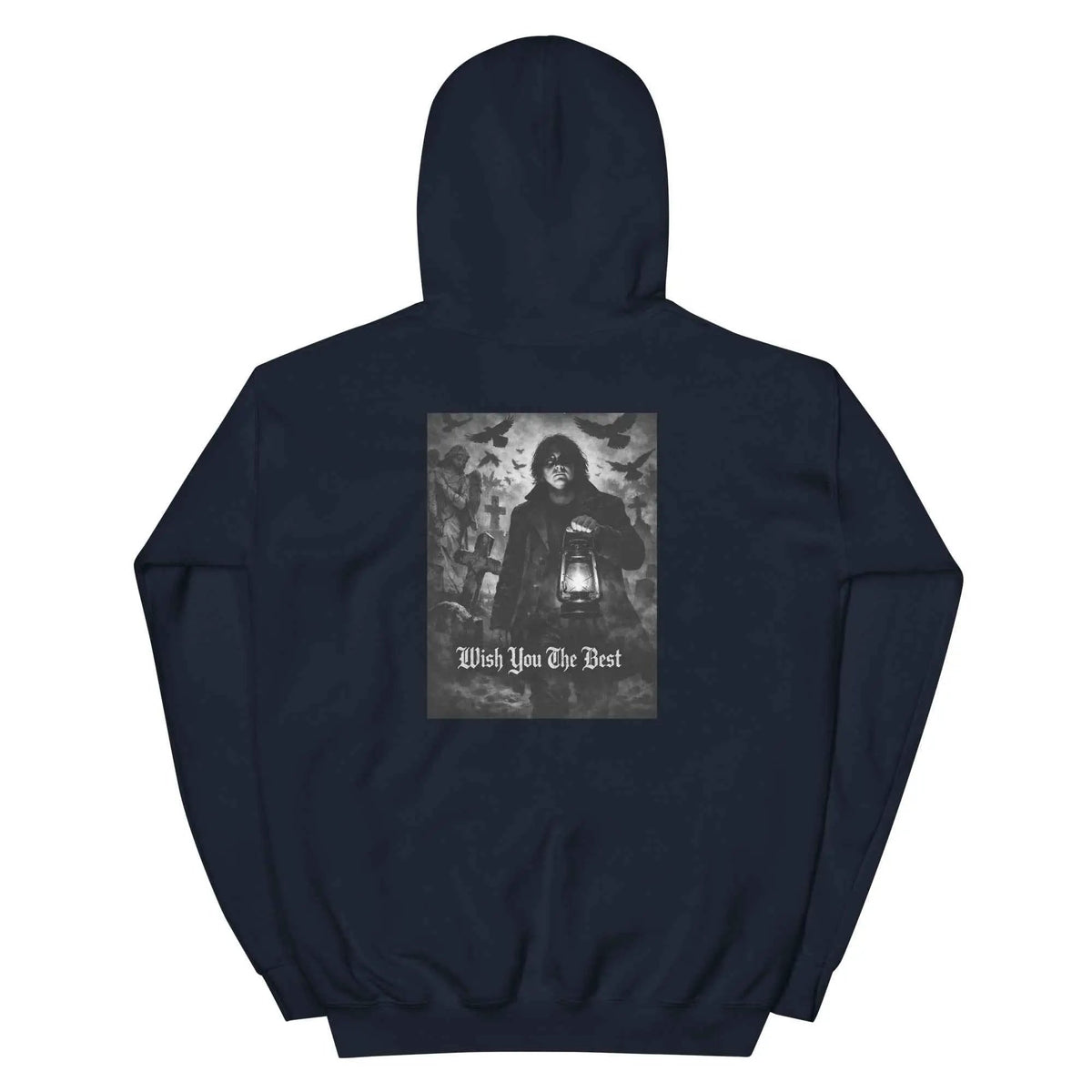 Navy unisex hoodie back with central graphic, pullover hood, and kangaroo pocket.
