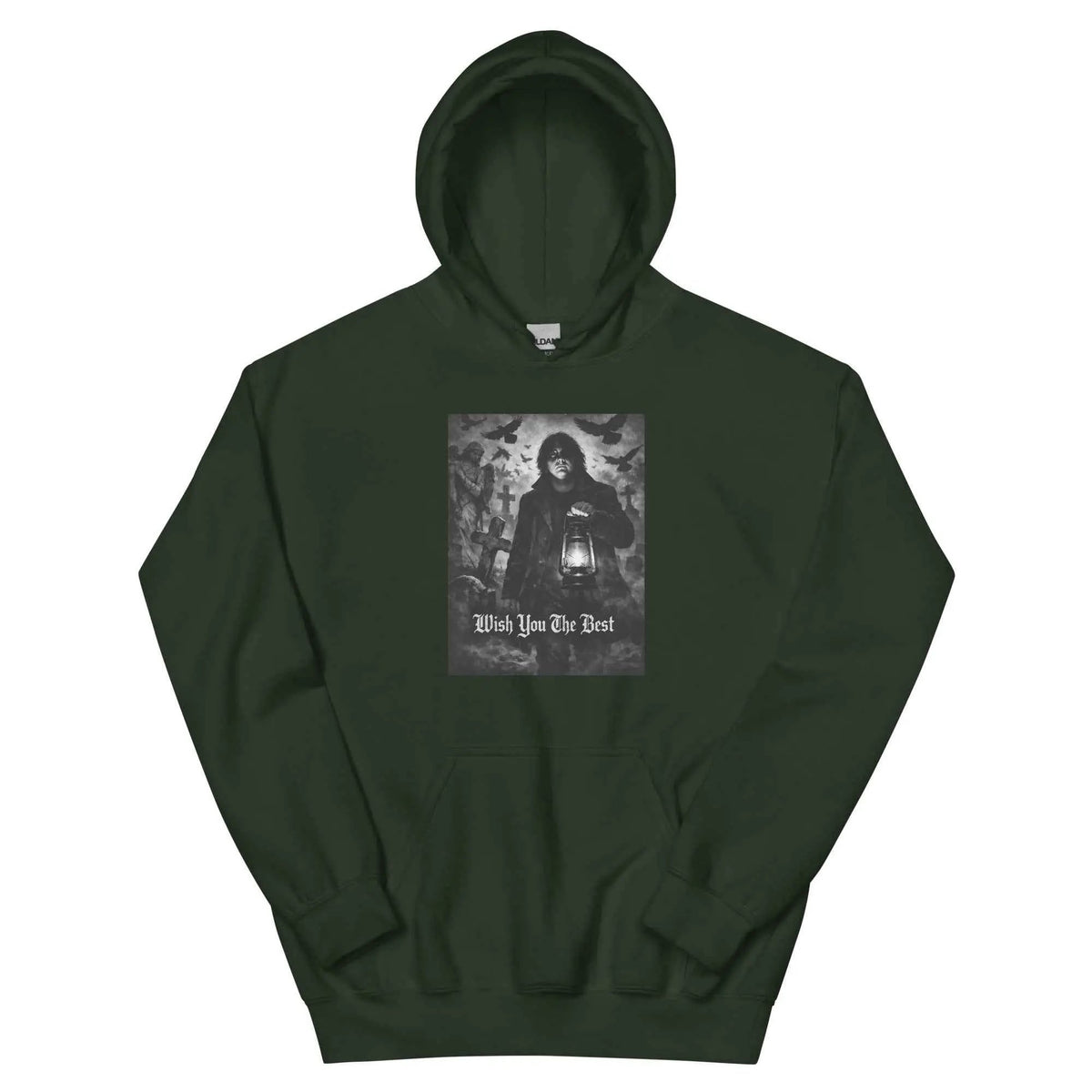 Forest green unisex hoodie with front graphic, pullover hood, and kangaroo pocket.