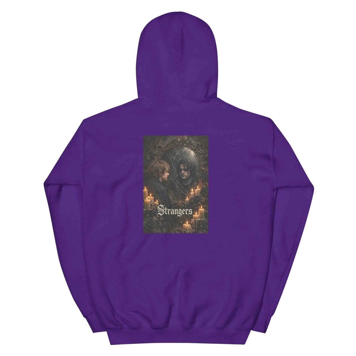 Purple unisex gothic graphic hoodie with back print and hood, kangaroo pocket