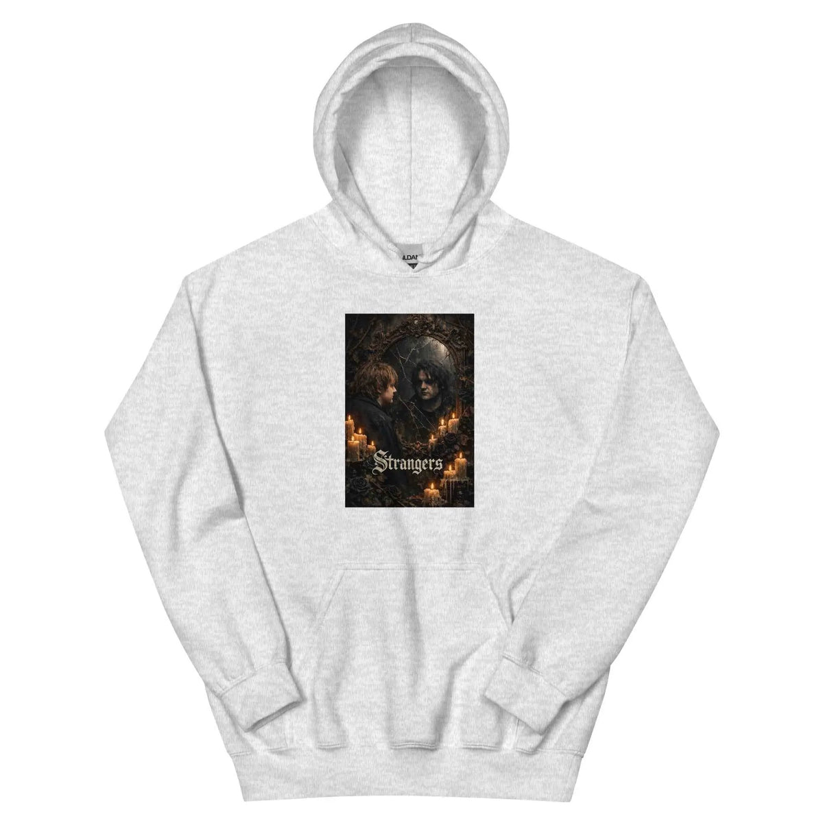 Light gray unisex gothic graphic hoodie with front hood and kangaroo pocket
