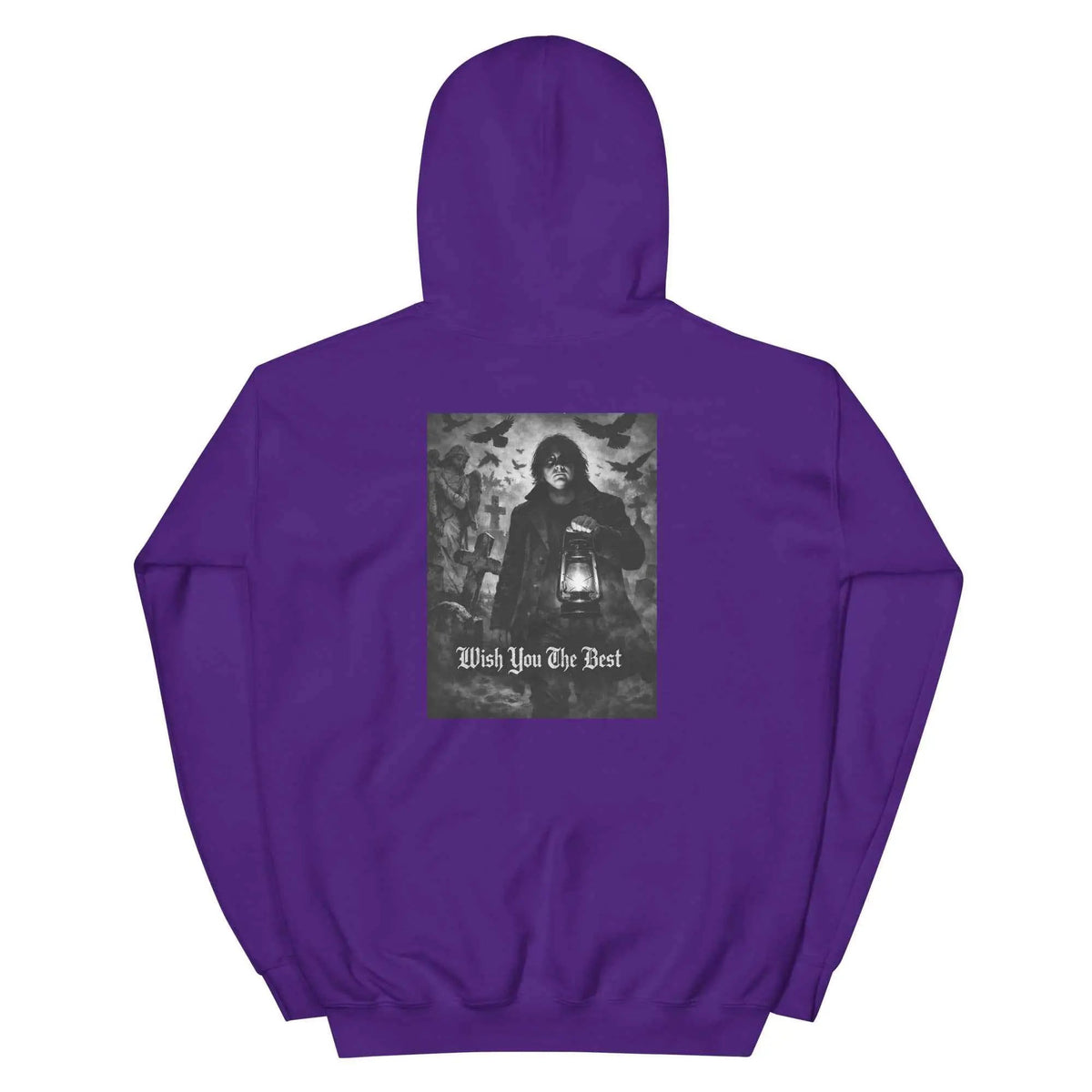 Unisex purple pullover hoodie with centered back square graphic print and hood