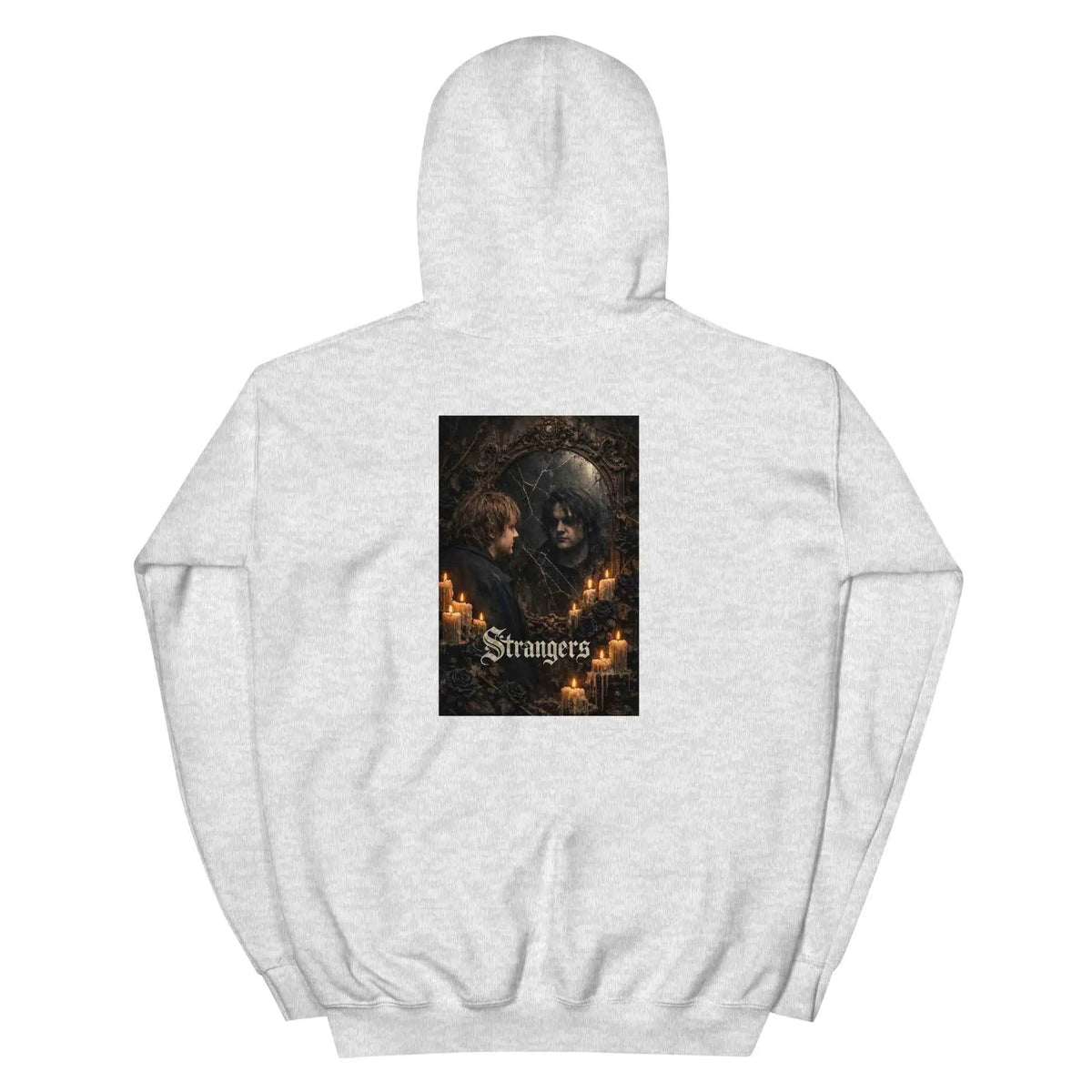 Light gray unisex gothic graphic hoodie with back print and hood, kangaroo pocket