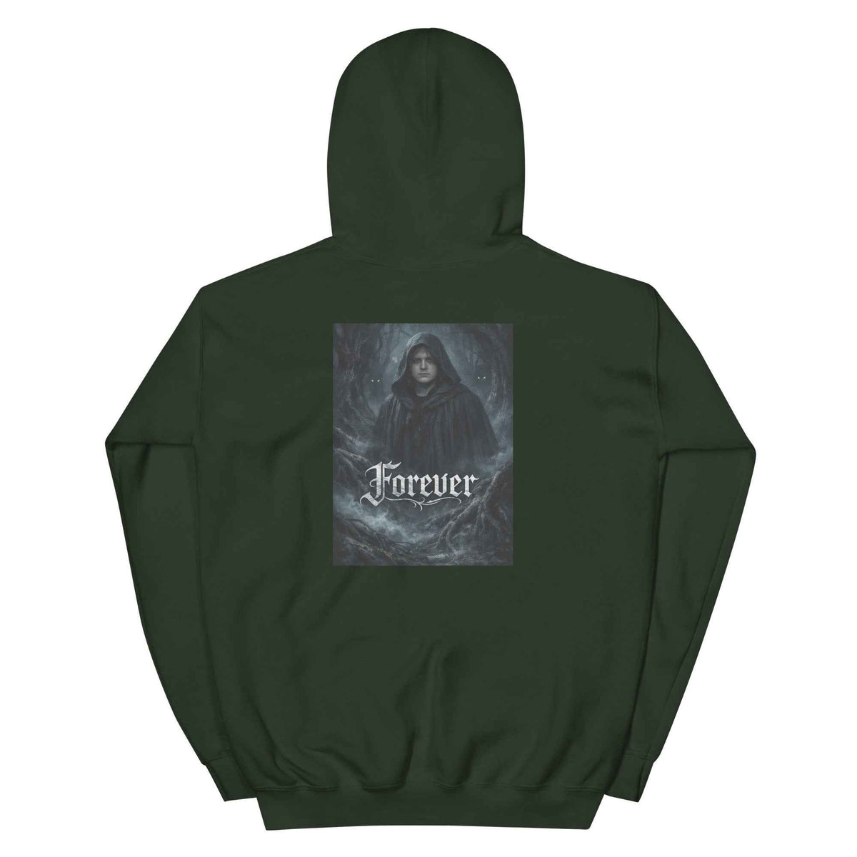 Forest green unisex pullover hoodie with back hood and kangaroo pocket, 'Forever' graphic print