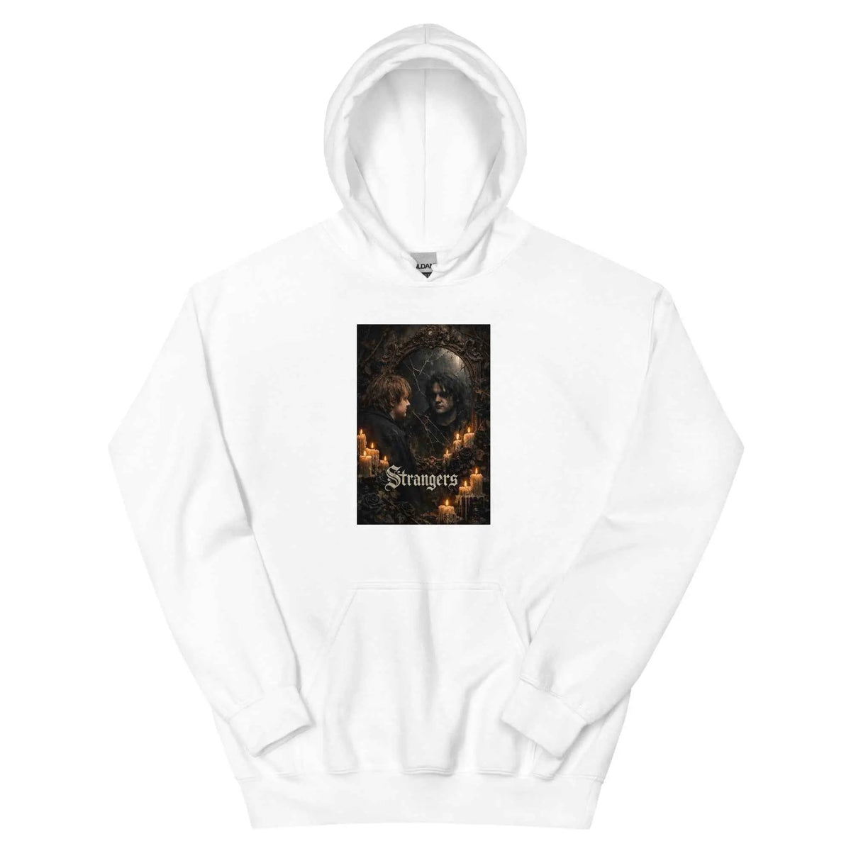 White unisex gothic graphic hoodie with front hood and kangaroo pocket