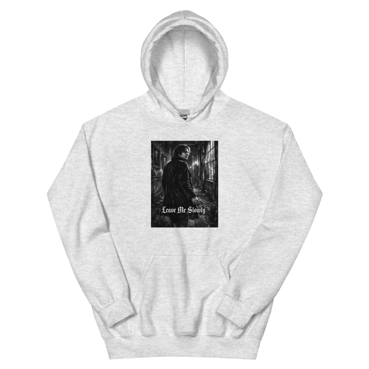 Light gray unisex hoodie with hood and front pocket, featuring a front graphic print.