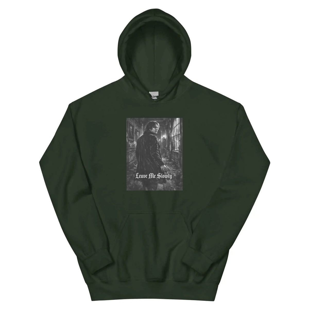 Forest green unisex hoodie with front square graphic and kangaroo pocket, pullover hood.
