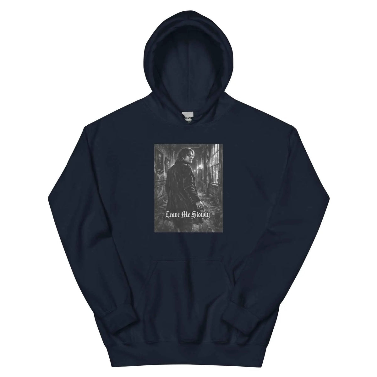 Navy unisex hoodie with front square graphic and kangaroo pocket, pullover hood.