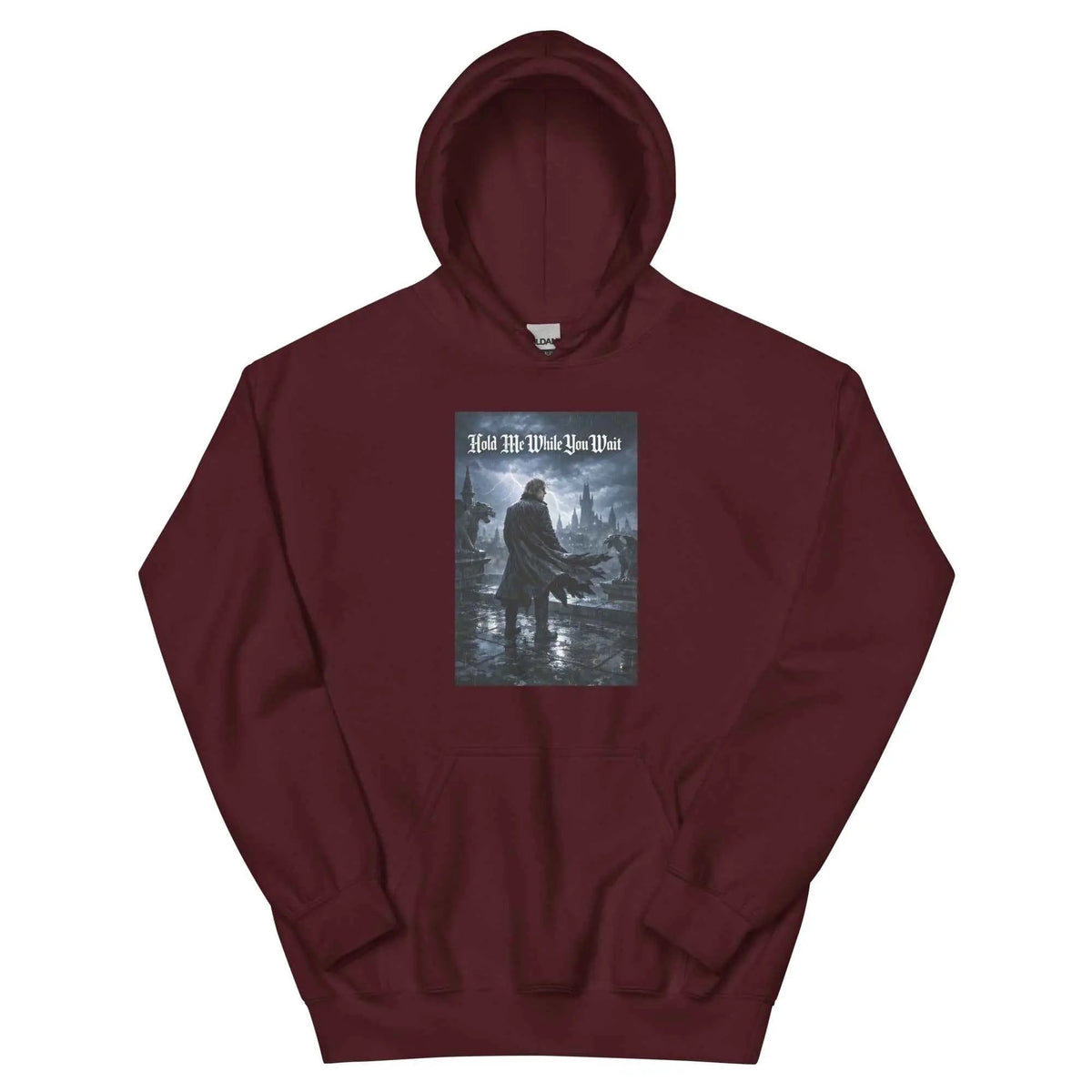 Maroon unisex pullover hoodie with hood and front graphic print