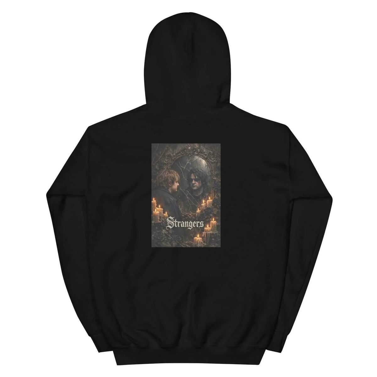 Black unisex gothic hoodie, back view; square candle portrait graphic