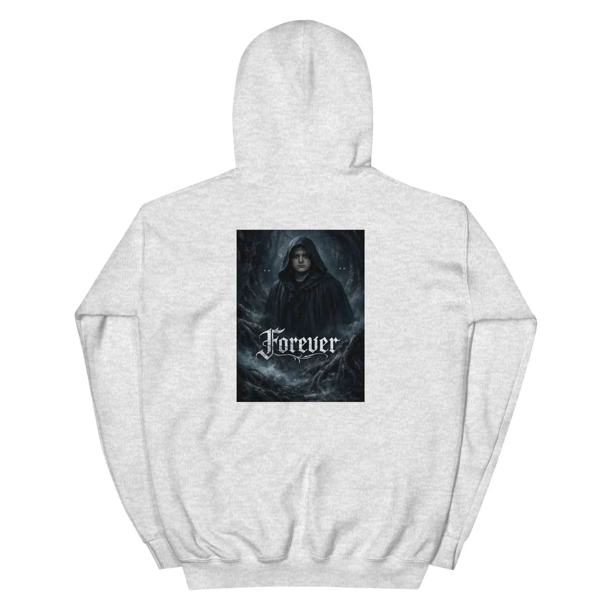 Unisex pullover hoodie in light gray with 'Forever' graphic on back, hood and kangaroo pocket