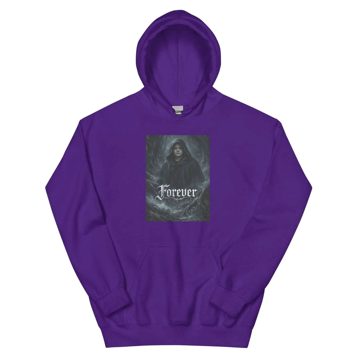 Unisex pullover hoodie in purple with 'Forever' graphic on front, hood and kangaroo pocket