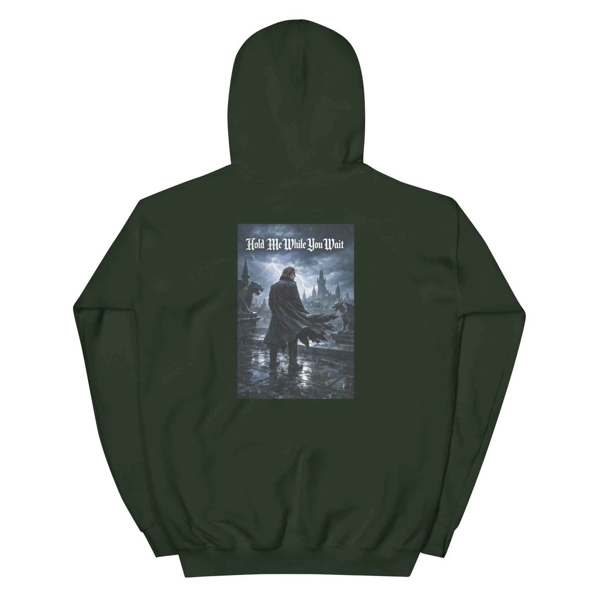 Forest green unisex pullover hoodie with hood and back graphic print