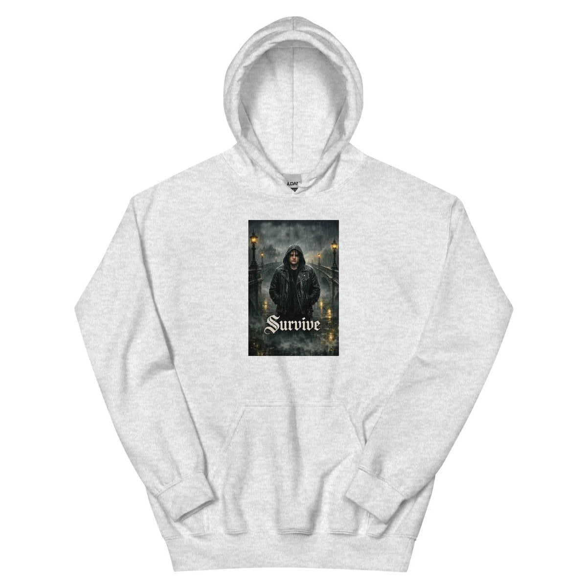 Light gray unisex pullover hoodie with hood and front chest graphic print
