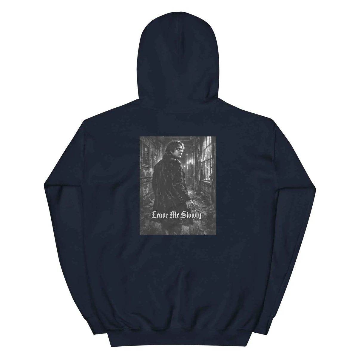 Navy unisex hoodie with back square graphic print and pullover hood.