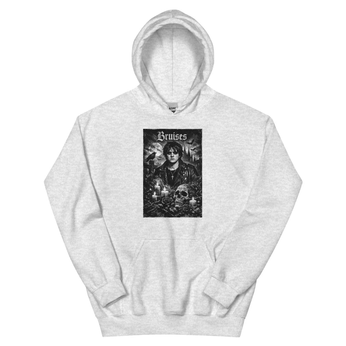 Light gray pullover hoodie with hood, kangaroo pocket, and front "Bruises" graphic