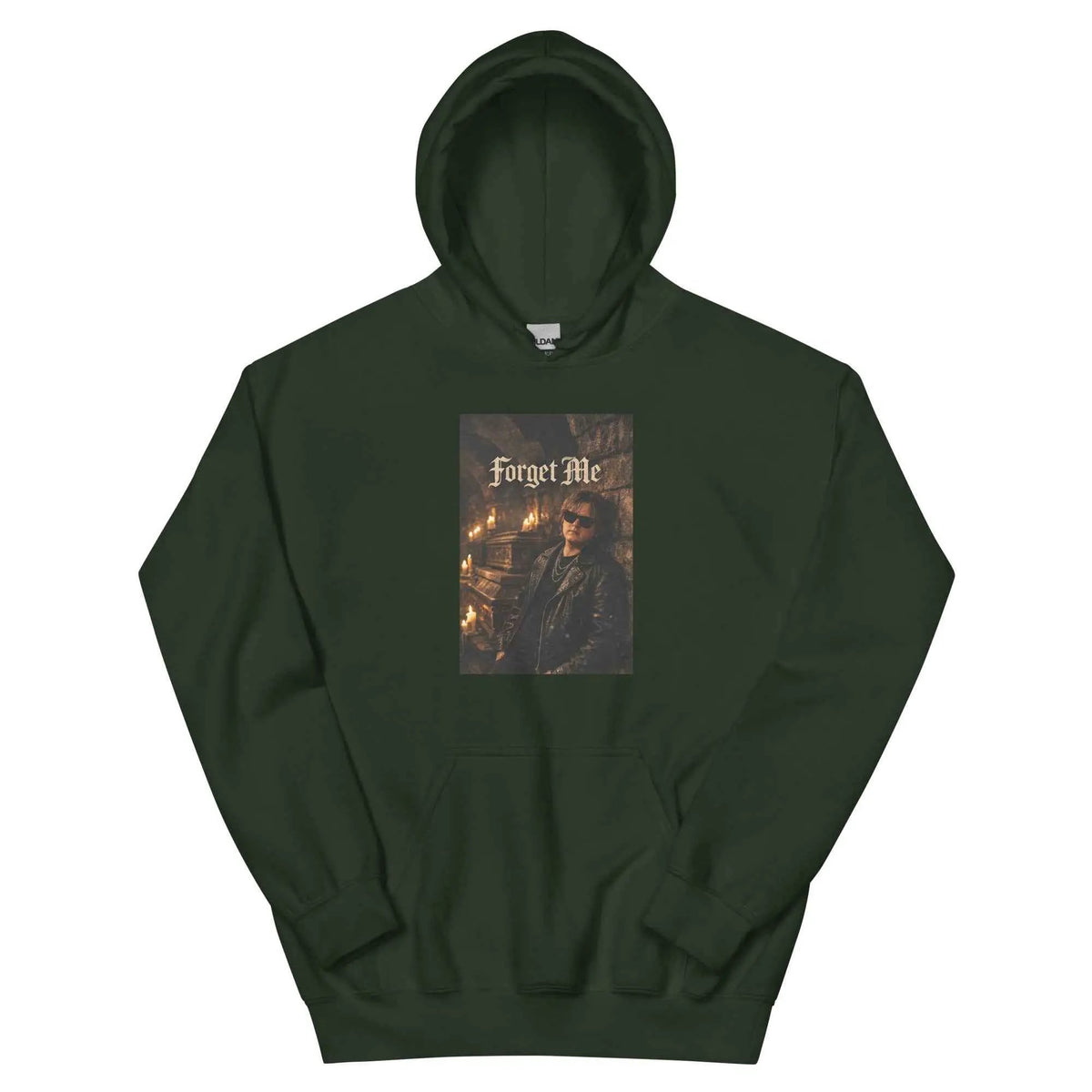 Forest green fleece hoodie with front “Forget Me” gothic graphic and kangaroo pocket