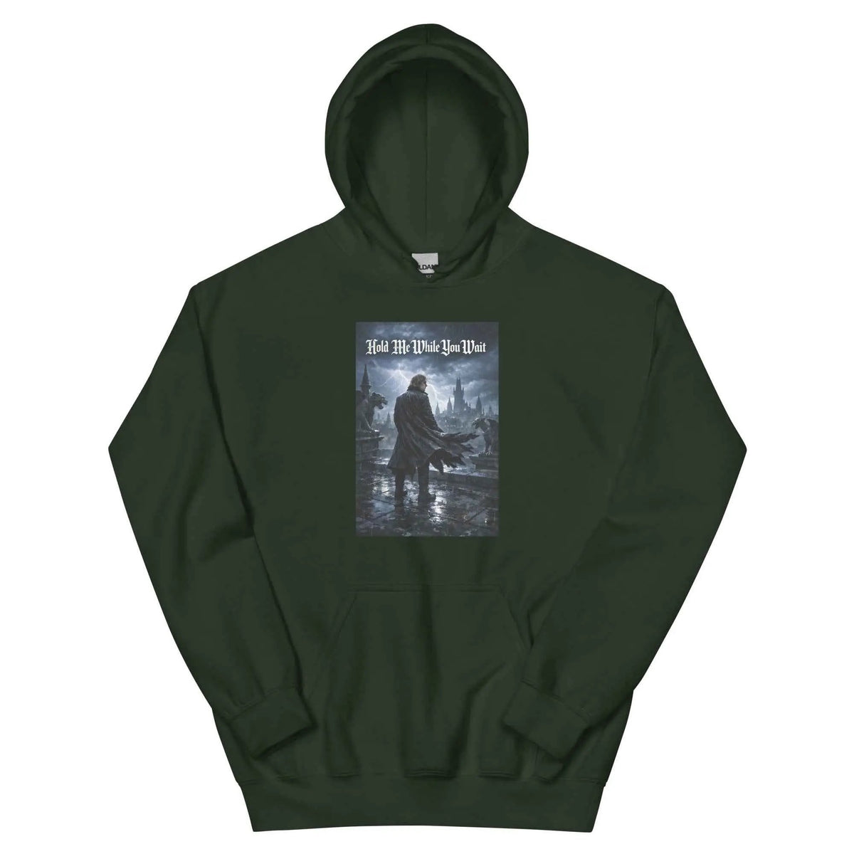 Forest green unisex pullover hoodie with hood and front graphic print