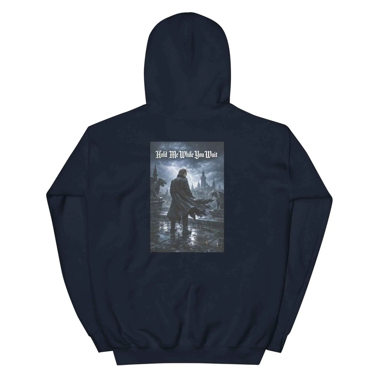 Navy unisex pullover hoodie with hood and back graphic print