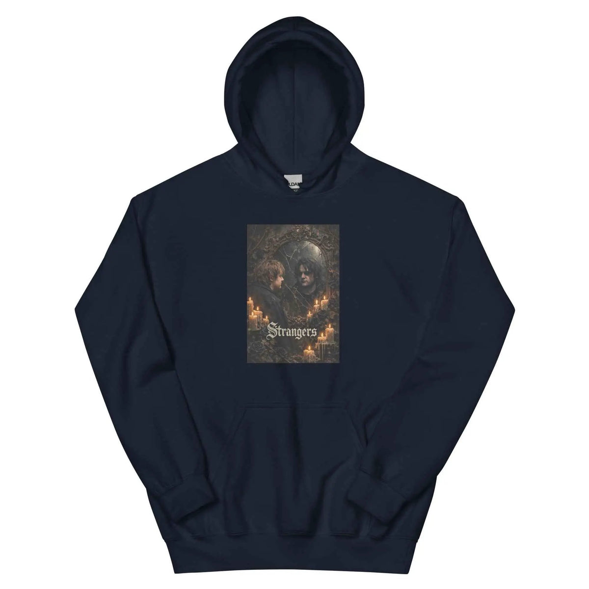 Navy unisex gothic hoodie with front pocket; square candle portrait graphic