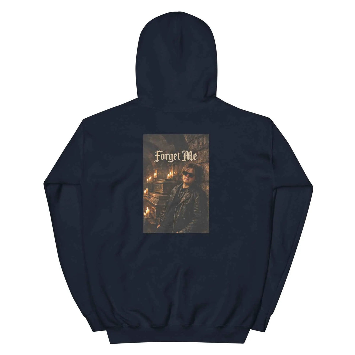 Navy fleece hoodie with back “Forget Me” gothic graphic and kangaroo pocket