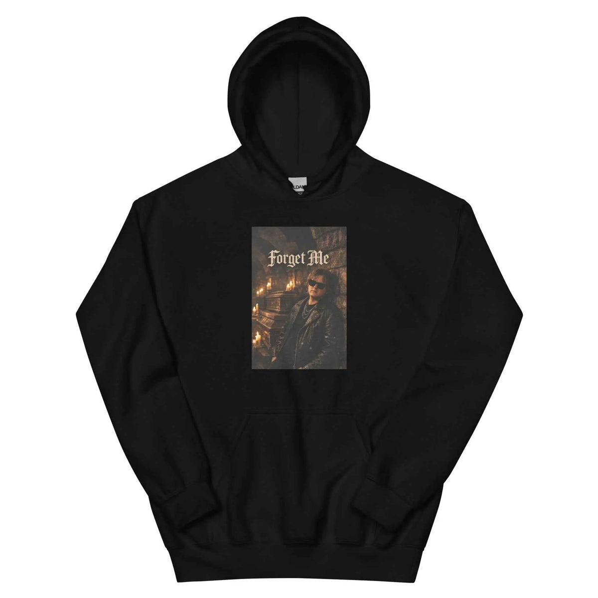 Black fleece hoodie with front “Forget Me” gothic graphic and kangaroo pocket