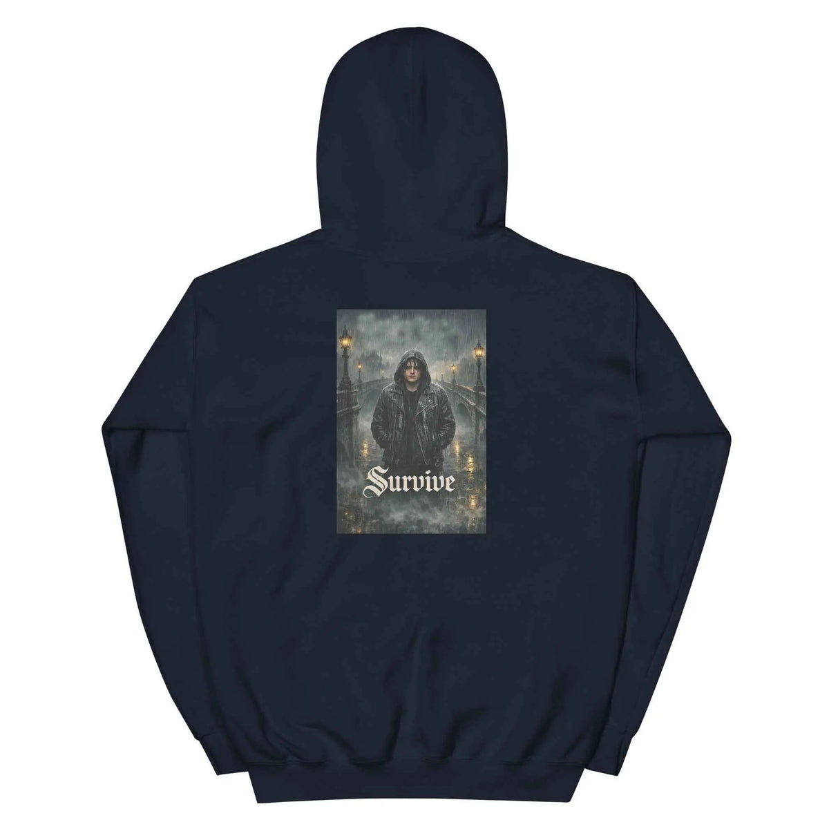Navy unisex hooded pullover sweatshirt with back 'Survive' gothic graphic