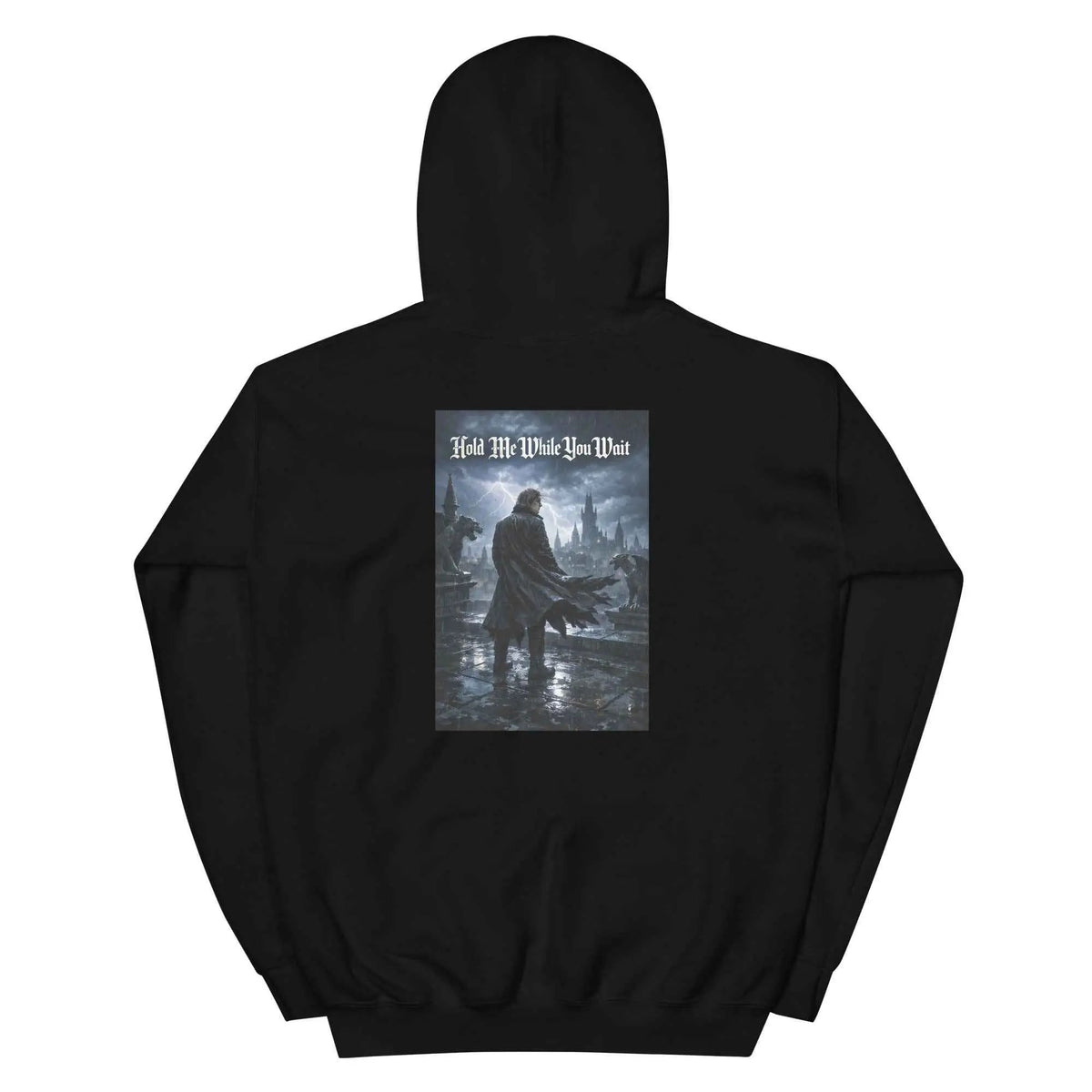 Black unisex pullover hoodie with hood and back graphic print